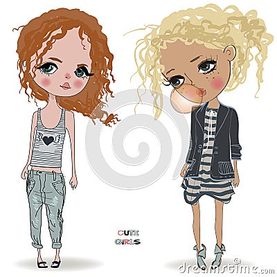 Cute little girls Vector Illustration