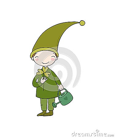 Cute little gnome with clover and watering Vector Illustration