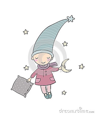 Cute little gnome. Moon and pillow. Vector Illustration
