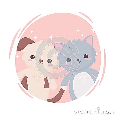 Cute little gray cat and doggy cartoon adorable animals Vector Illustration