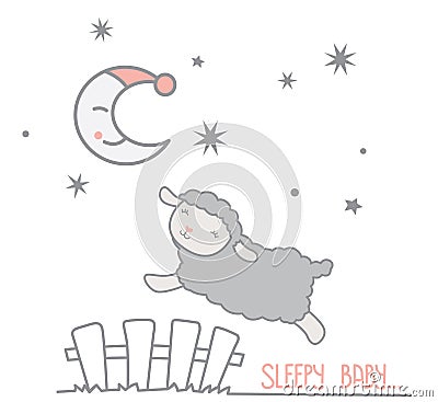 Cute Little Gray Sheep Jumping Over White Picket Fence Under the Crescent Moon with Night Cap and Stars Night Scene Dreamy Countin Vector Illustration