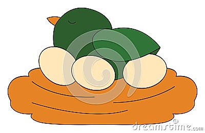 Clipart of a cute little green chicken resting on a nest with three eggs, vector or color illustration Vector Illustration
