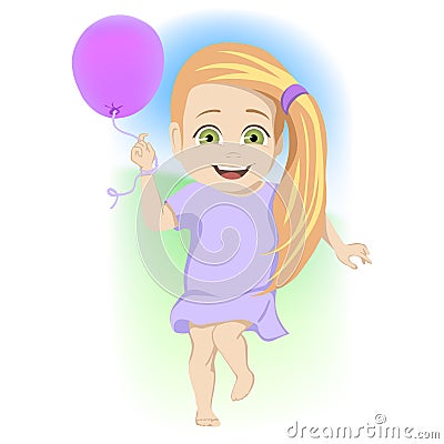 Cute little green-eyed blond girl dancing with a party balloon laughing and enjoying herself outdoors in a colorful Vector Illustration