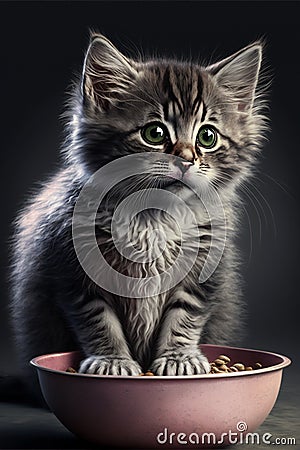Cute little grey kitten near the plate with dry food Cartoon Illustration