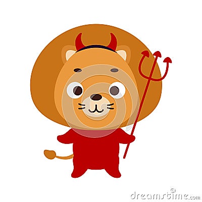 Cute little Halloween lion in a devil costume. Cartoon animal character for kids t-shirts, nursery decoration, baby Vector Illustration