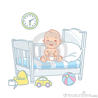 Cute little happy baby sit in bed Vector Illustration