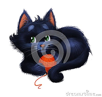 Cute Little Happy Furry Kitten - Cartoon Animal Character Mascot Lying Down and Holding on Tight to a Ball Stock Photo