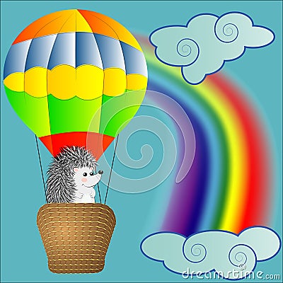 A cute little hedgehog flies into cartoons, a large bulky balloon with a basket in the sky amidst white cloud Vector Illustration