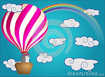 A cute little hedgehog flies into cartoons, a large bulky balloon with a basket in the sky amidst white clouds Stock Photo