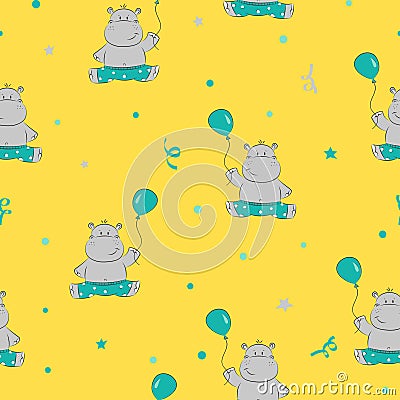 Cute little Hippo with balloon seamless pattern Vector Illustration