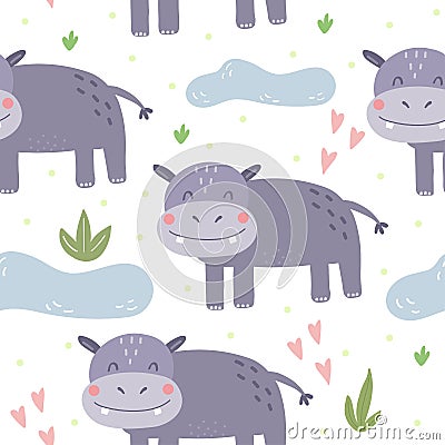 Cute little hippo cartoon style. Seamless pattern. Printable templates Vector Illustration