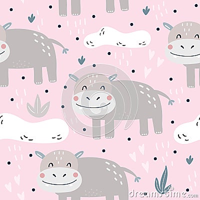 Cute little hippo cartoon style. Seamless pattern. Printable templates Vector Illustration