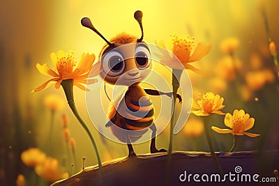 Cute little illustration cartoon pixar bee on honeycomb and white background Cartoon Illustration