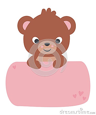 Cute Little Kawaii Style Baby Bear Holding a Banner Pastel Color Flat Vector Illustration Isolated on White Vector Illustration