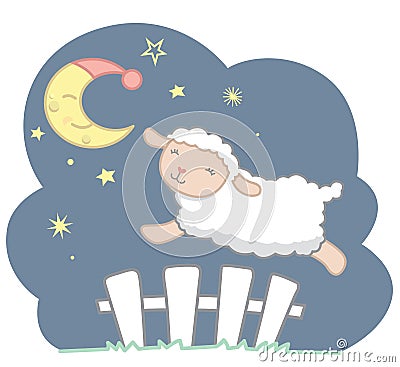 Cute Little Kawaii Style Sheep Jumping Over White Picket Fence Under the Crescent Moon with Night Cap and Stars Night Scene Dreamy Vector Illustration