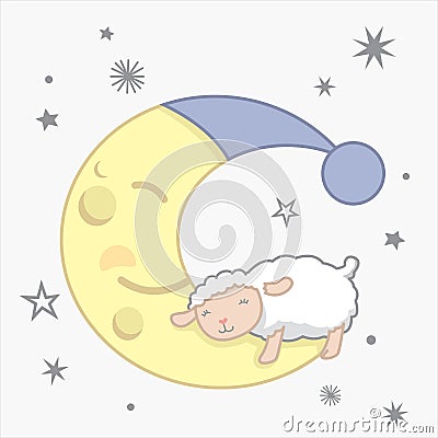 Cute Little Kawaii Style Sheep Sleeping on the Moon Dreamy Counting Sheep with Stars Night Scene Dreamy Counting Sheep Vector Illu Vector Illustration