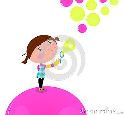 Cute little Kid blowing Soap bubbles. Vector Illustration