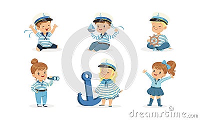 Cute Little Kid Characters Wearing Mariner Uniform Vector Illustrations Set Vector Illustration