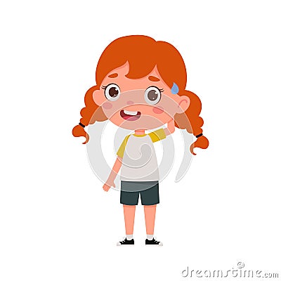 Cute little kid girl with red hair confused. Cartoon schoolgirl character show facial expression. Vector illustration Vector Illustration