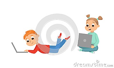 Cute Little Kid with Laptop Programming and Creating Smart Robot Vector Set Vector Illustration