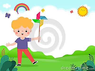 cute little kid playing with a colorful windmill toy flat style child playing, Template for advertising cartoon character design Vector Illustration