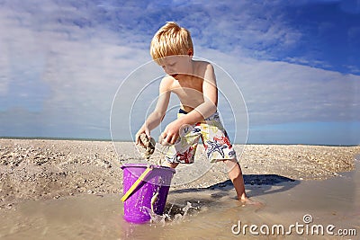 Cute Little Kid Playing with Sand in a Bucket at the Beach by the Ocean Stock Photo