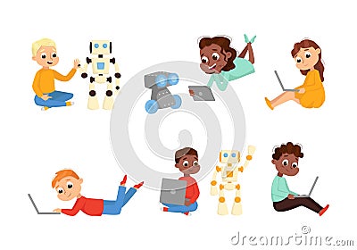 Cute Little Kid Programming and Creating Smart Robot with Laptop Vector Set Vector Illustration