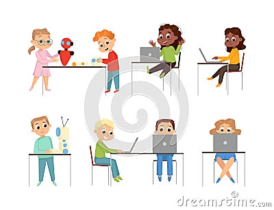 Cute Little Kid Programming and Creating Smart Robot with Laptop Vector Set Stock Photo