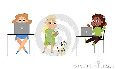Cute Little Kid Programming and Creating Smart Robot Vector Set Vector Illustration