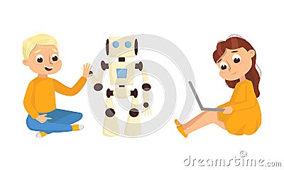 Cute Little Kid Programming and Creating Smart Robot Vector Set Vector Illustration