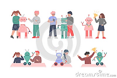 Cute Little Kid Programming and Creating Smart Robot Vector Set Vector Illustration