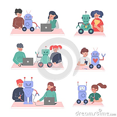 Cute Little Kid Programming and Creating Smart Robot Vector Set Vector Illustration