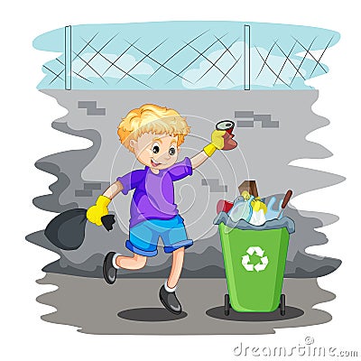 Cute little boy throwing Garbage in the Trash Bin Vector illustration Vector Illustration