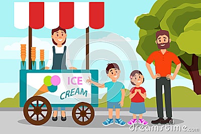 Cute little kids asking his father to buy ice cream. Dad spending time with his daughter and son in city park. Flat Vector Illustration