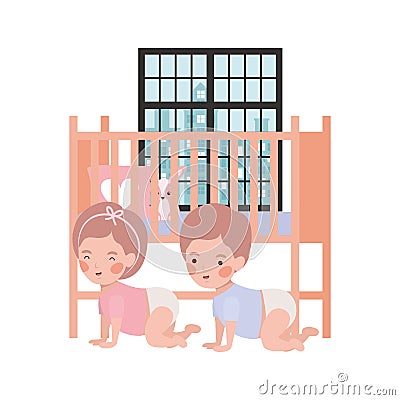 Cute little kids babies with cradle characters Vector Illustration