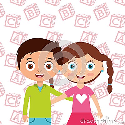 Cute little kids boy and girl embrace friends with alphabet blocks background Vector Illustration
