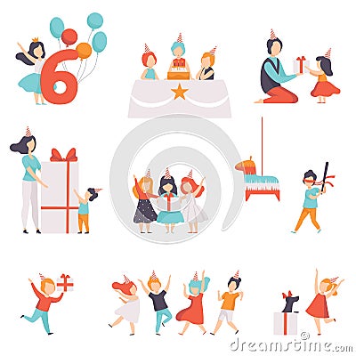 Cute little kids celebrating their birthday set, children having fun with their friends, recieving gifts vector Vector Illustration