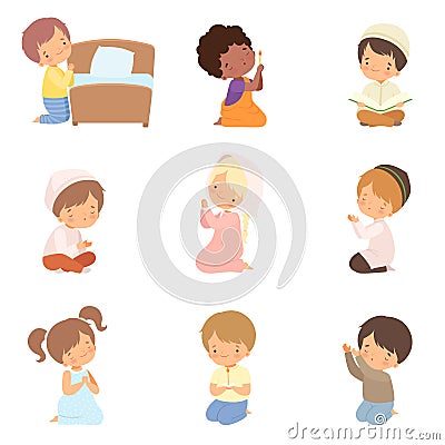 Cute Little Kids Characters Kneeling in Prayer Set Cartoon Vector Illustration Vector Illustration