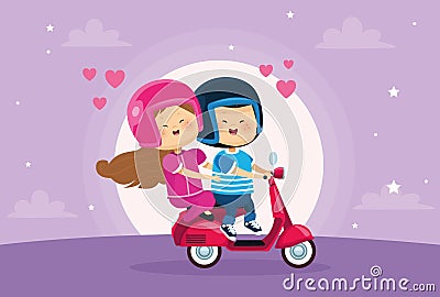 Cute little kids couple lovers in motorcycle Vector Illustration