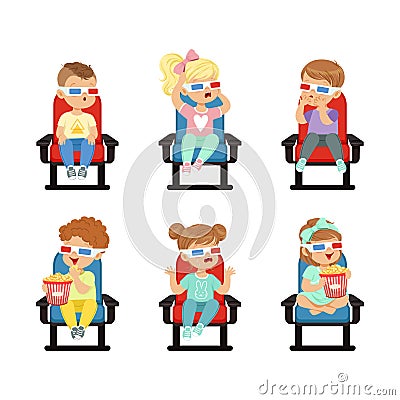 Cute Little Kids in 3D Glasses Watching Movie in Cinema Sitting on Chair with Popcorn Vector Set Vector Illustration