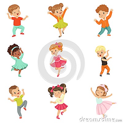 Cute little kids dancing set, modern and classical dance performed by children vector Illustrations on a white Vector Illustration