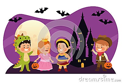 Cute little kids dressed as a differents characters with bats in castle night scene Vector Illustration