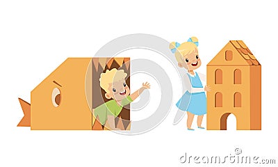 Cute Little Kids Playing Cardboard Boxes Set, Lovely Children Playing inside Roothy Fish and House Cartoon Vector Vector Illustration