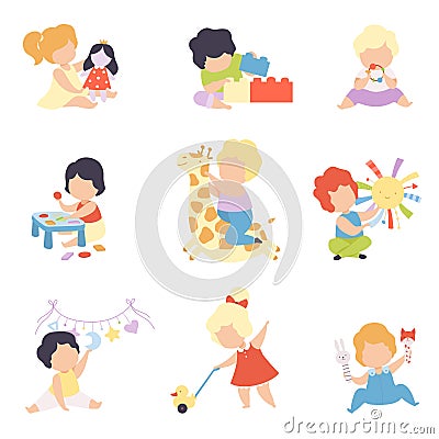 Cute Little Kids Playing with Toys Set, Toddler Boys and Girls Playing with Doll, Blocks, Stuffed Toys, Sorter, Rattle Vector Illustration