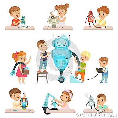 Cute little kids programming and creating smart robots set, educational project concept for children vector Vector Illustration