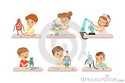 Cute Little Kids Programming and Creating Smart Robots Vector Set Vector Illustration