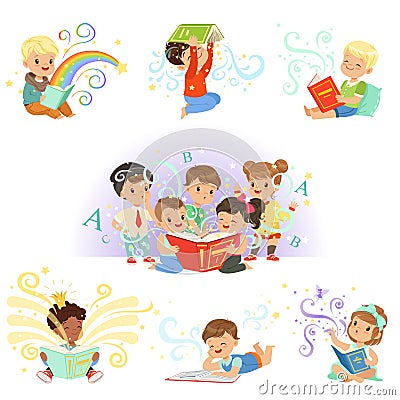 Cute little kids reading fairy tales set. Childrens dream world colorful vector illustrations Vector Illustration