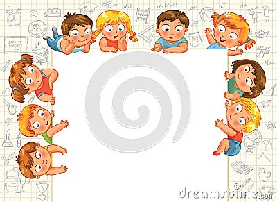 Cute little kids show a blank poster Vector Illustration