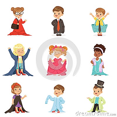 Cute little kids wearing adult oversized clothes set, children pretending to be adults vector Illustrations Vector Illustration