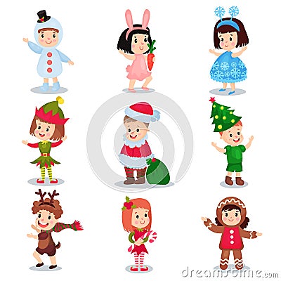 Cute little kids wearing Christmas costumes set, happy children Vector Illustration